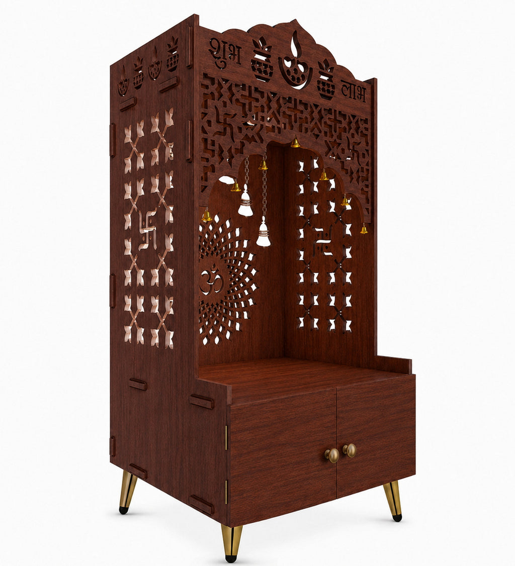 Shubh Labh Engraving White Wooden Floor Cabinet Home Temple