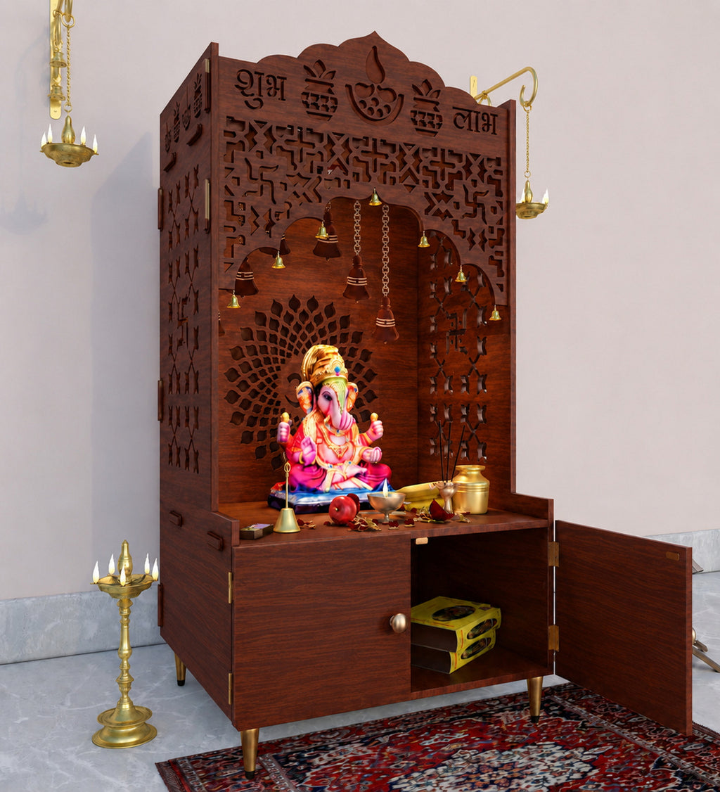Shubh Labh Engraving White Wooden Floor Cabinet Home Temple