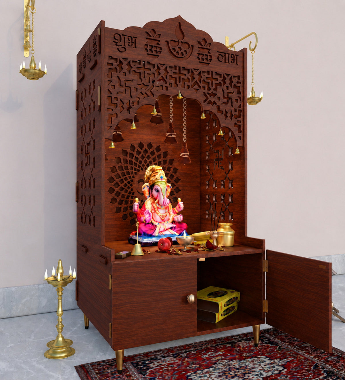 Shubh Labh Engraving White Wooden Floor Cabinet Home Temple