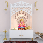 Shubh Labh Engraving White Wooden Floor Cabinet Home Temple