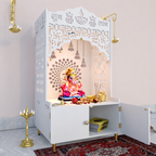 Shubh Labh Engraving White Wooden Floor Cabinet Home Temple