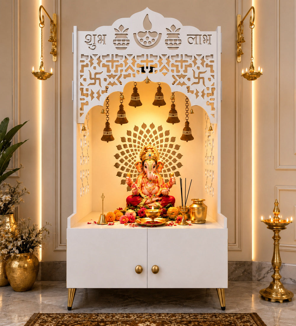 Shubh Labh Engraving White Wooden Floor Cabinet Home Temple