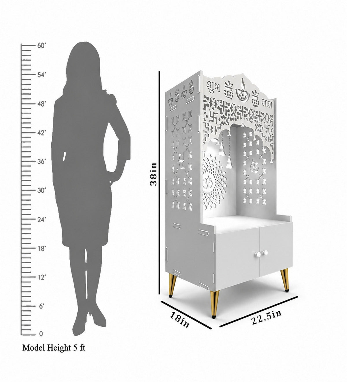 Shubh Labh Engraving White Wooden Floor Cabinet Home Temple