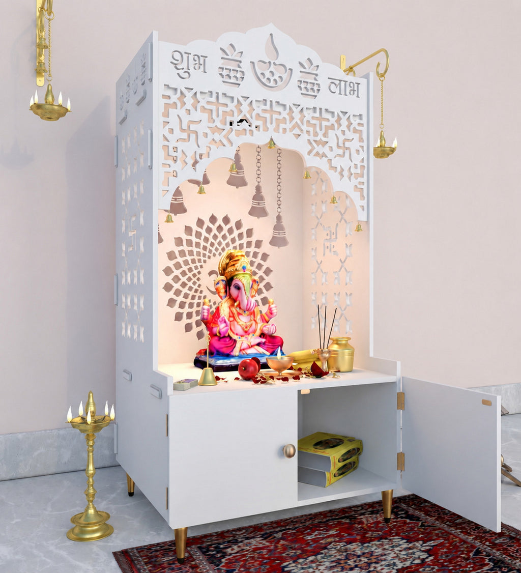 Shubh Labh Engraving White Wooden Floor Cabinet Home Temple