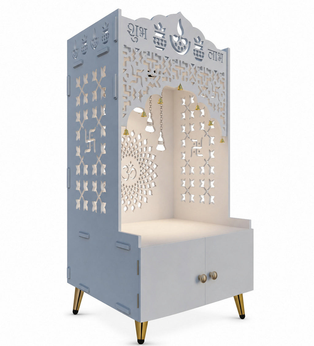 Shubh Labh Engraving White Wooden Floor Cabinet Home Temple
