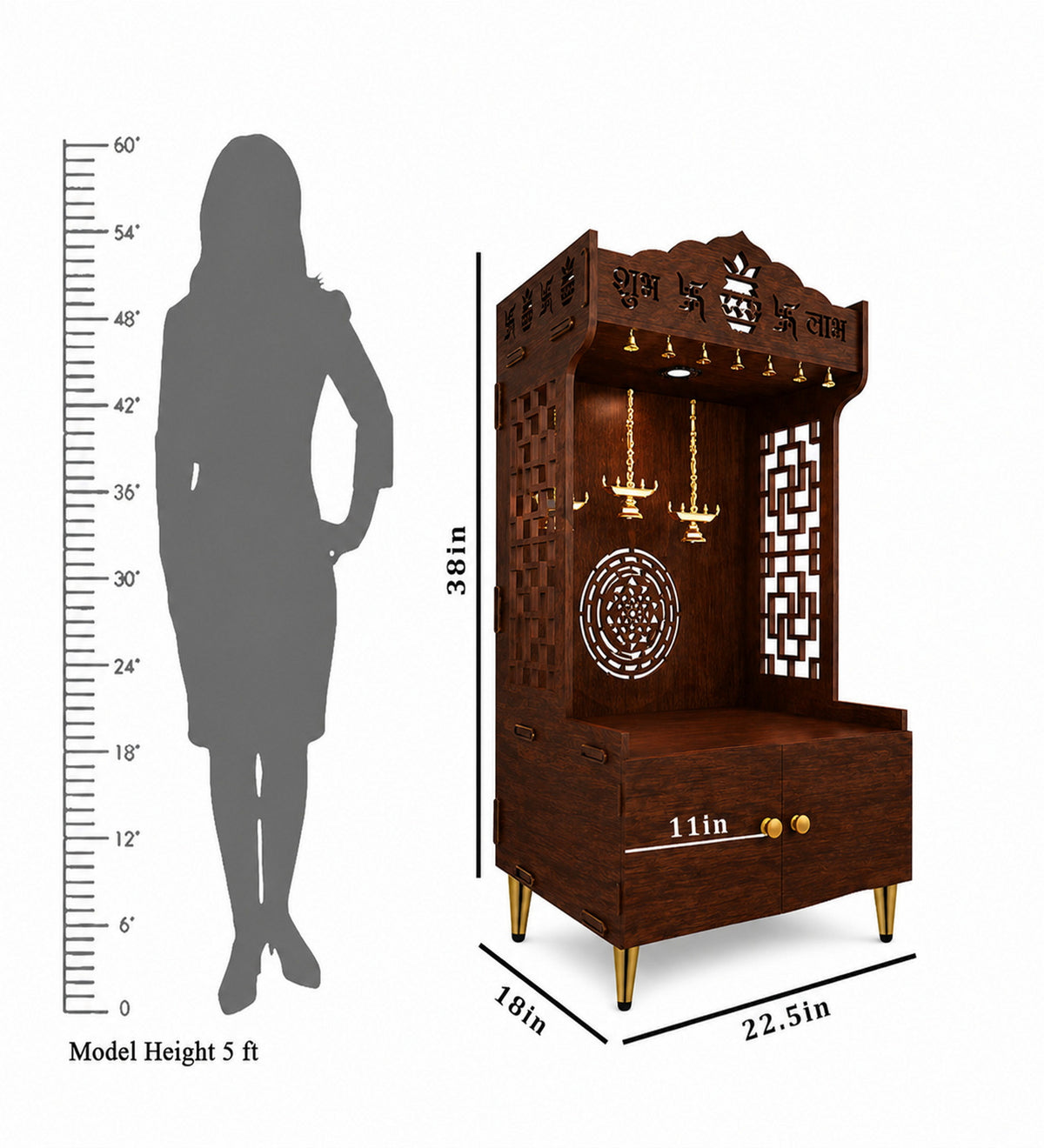 Elegant Wooden Floor Pooja Mandir with Laser-Cut Design with Storage Cabinet