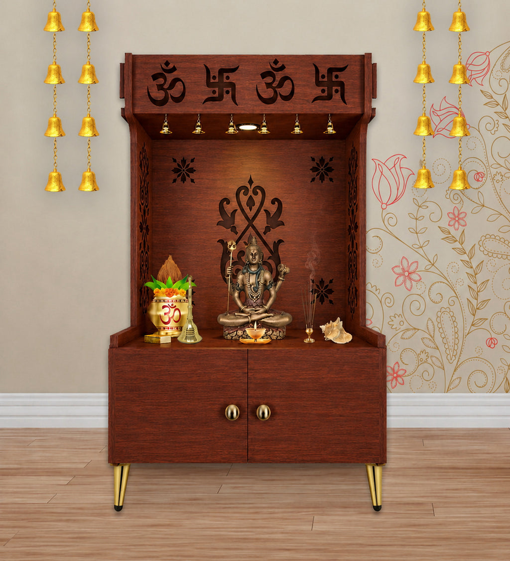 Elegant Wooden Floor Pooja Mandir with Laser-Cut Design with Storage Cabinet