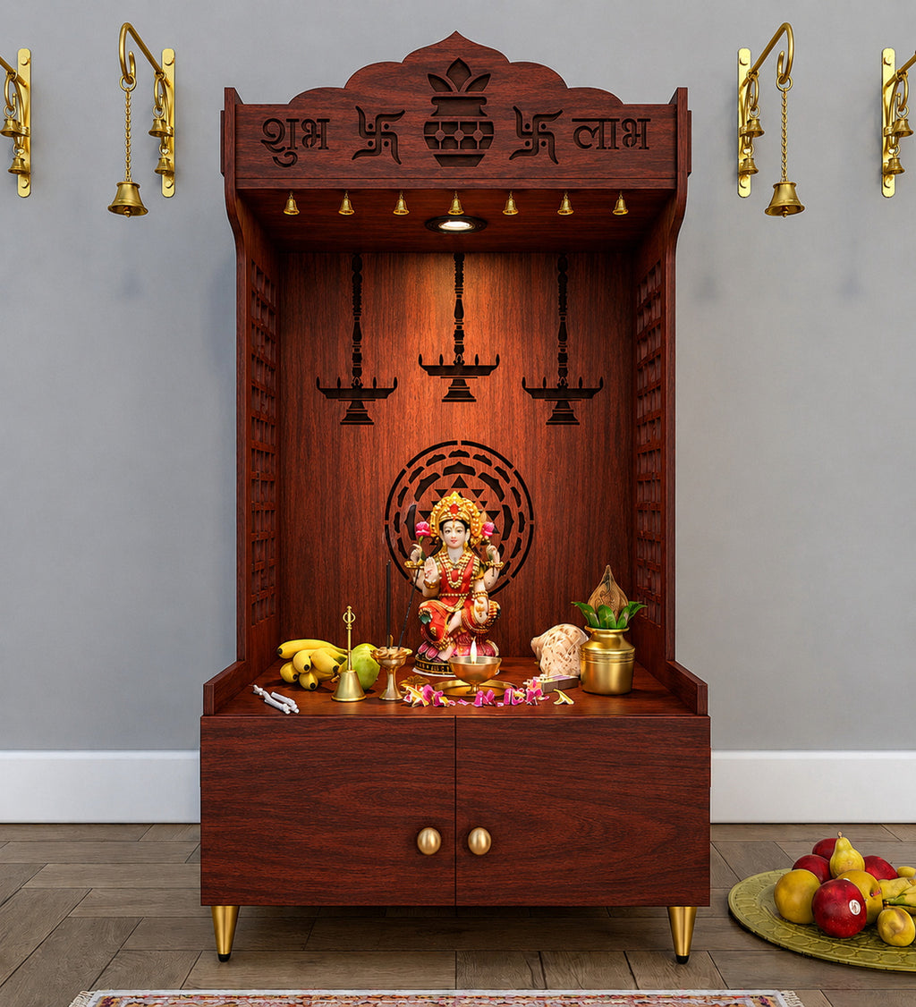 Elegant Wooden Floor Pooja Mandir with Laser-Cut Design with Storage Cabinet