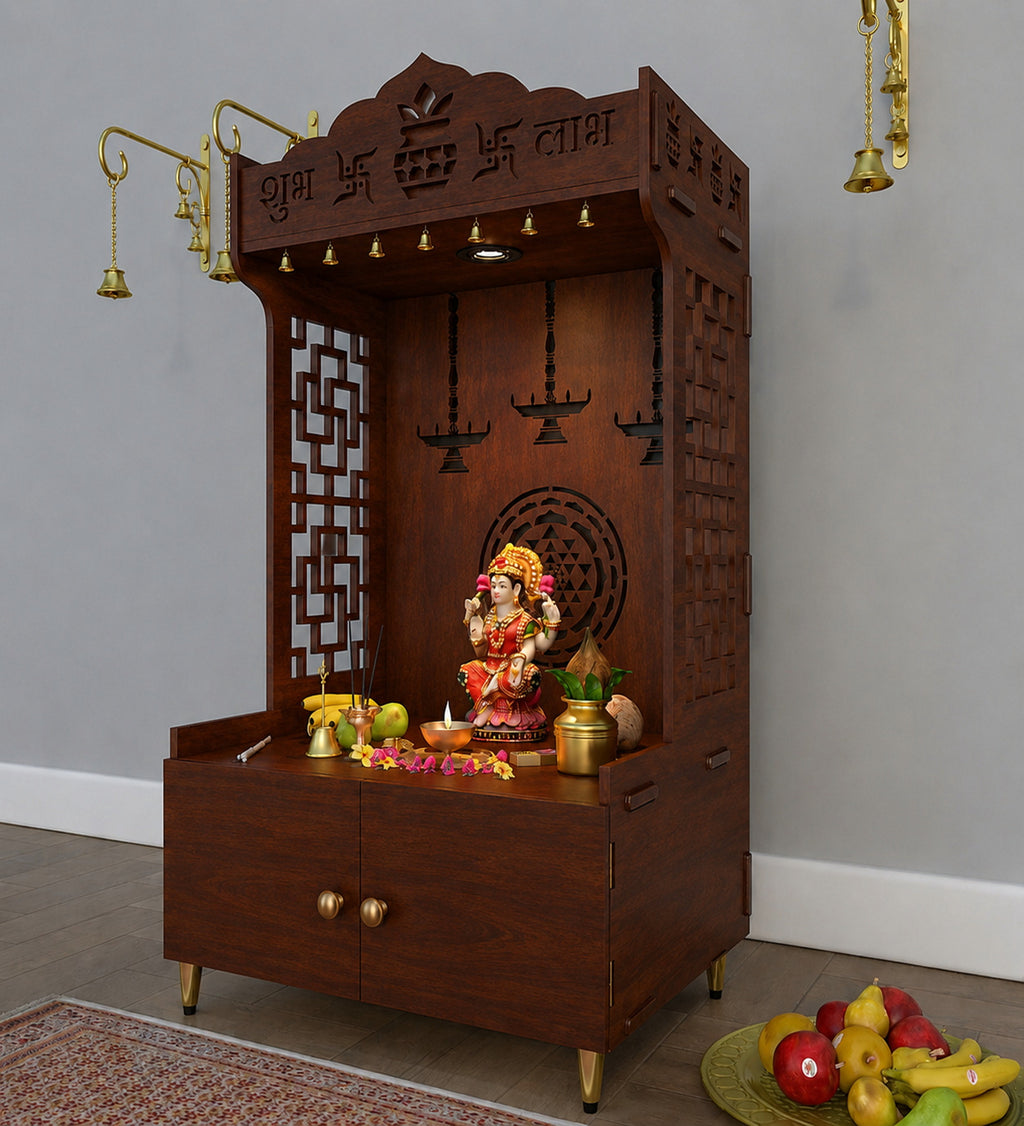 Elegant Wooden Floor Pooja Mandir with Laser-Cut Design with Storage Cabinet