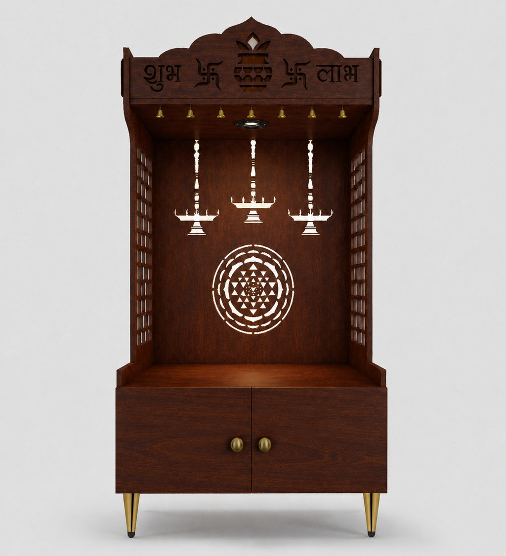 Elegant Wooden Floor Pooja Mandir with Laser-Cut Design with Storage Cabinet