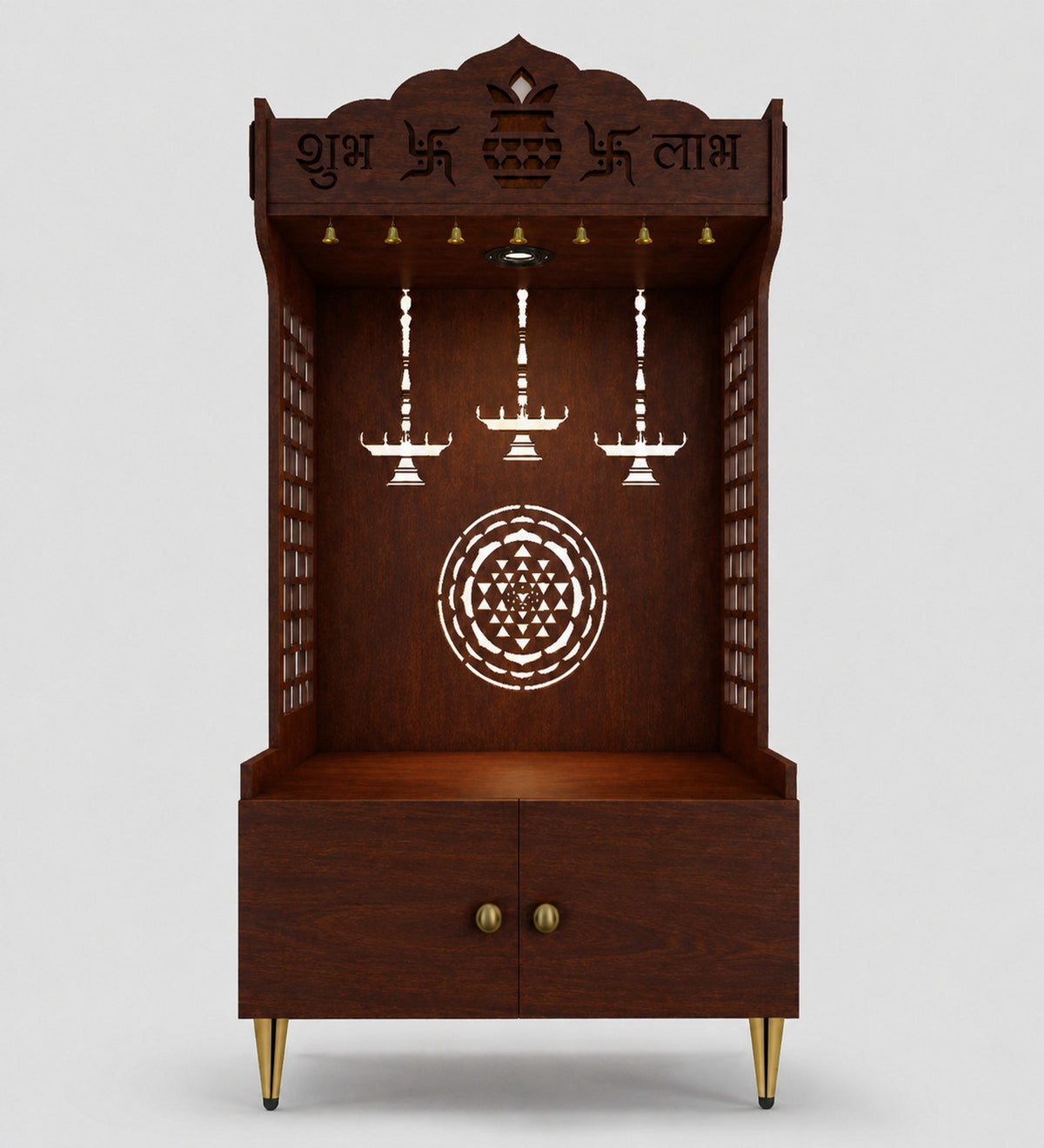 Elegant Wooden Floor Pooja Mandir with Laser-Cut Design with Storage Cabinet