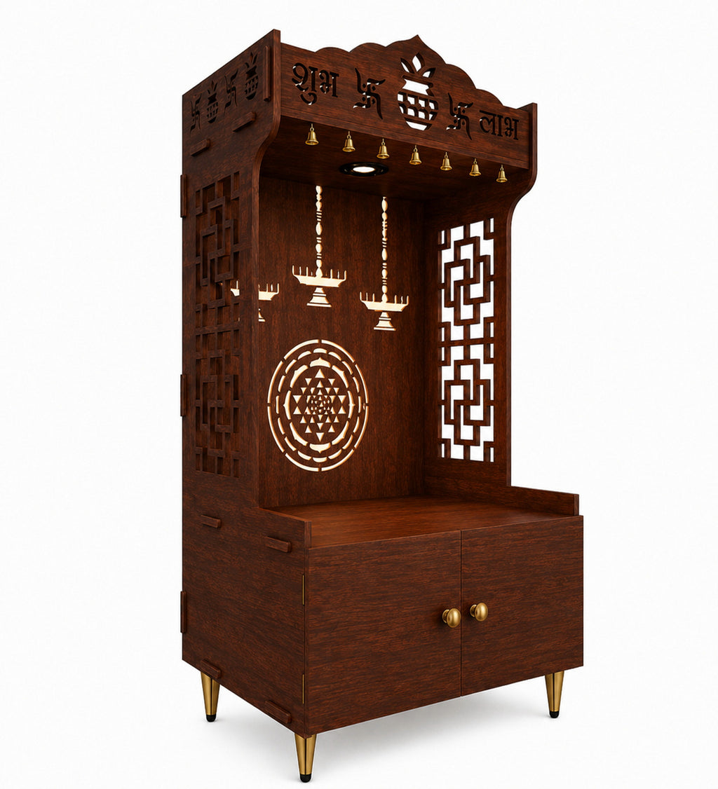 Elegant Wooden Floor Pooja Mandir with Laser-Cut Design with Storage Cabinet