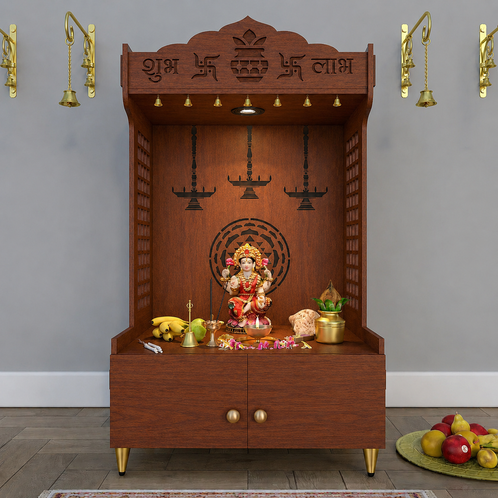 Elegant Wooden Floor Pooja Mandir with Laser-Cut Design with Storage Cabinet