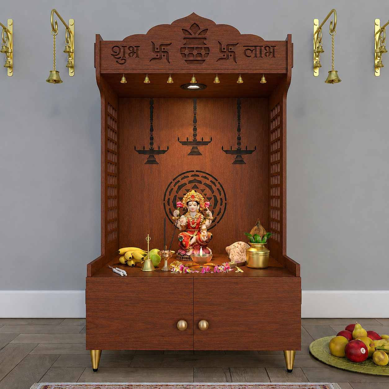 Elegant Wooden Floor Pooja Mandir with Laser-Cut Design with Storage Cabinet