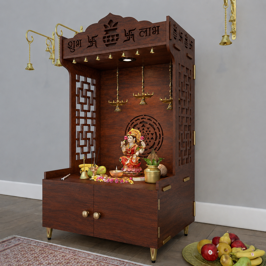 Elegant Wooden Floor Pooja Mandir with Laser-Cut Design with Storage Cabinet