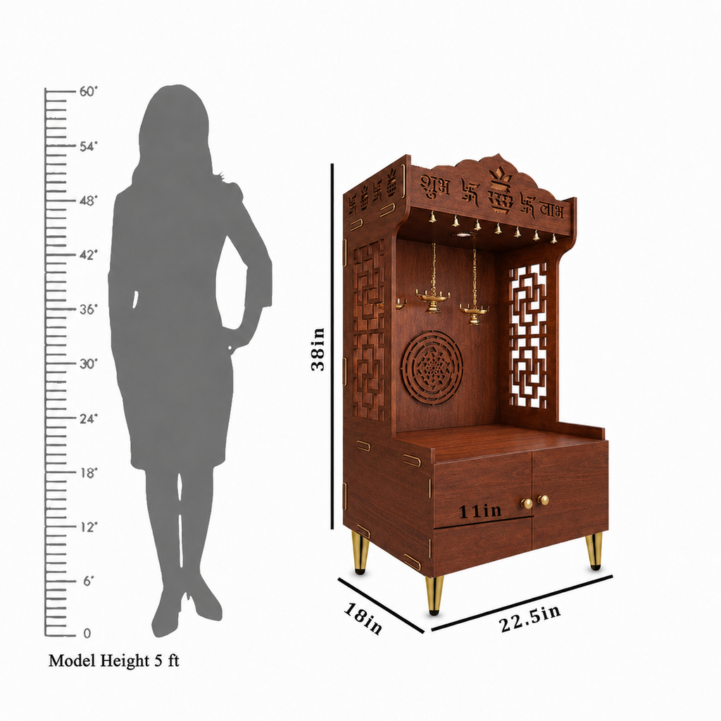 Elegant Wooden Floor Pooja Mandir with Laser-Cut Design with Storage Cabinet