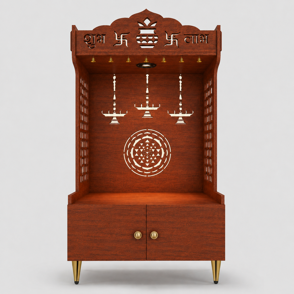 Elegant Wooden Floor Pooja Mandir with Laser-Cut Design with Storage Cabinet