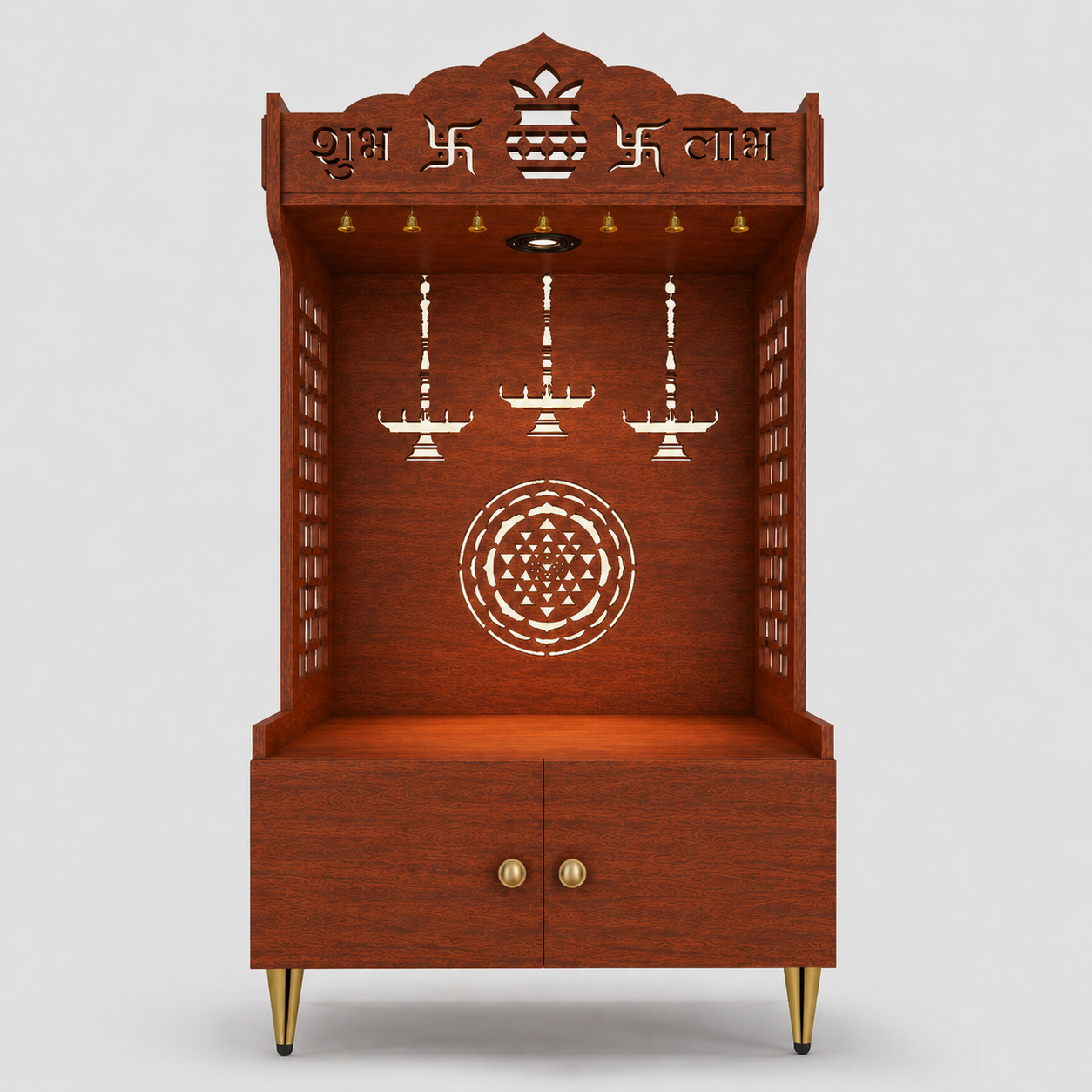 Elegant Wooden Floor Pooja Mandir with Laser-Cut Design with Storage Cabinet