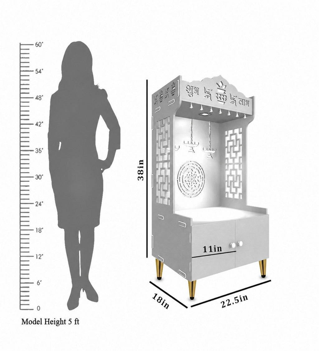 Elegant Wooden Floor Pooja Mandir with Laser-Cut Design with Storage Cabinet