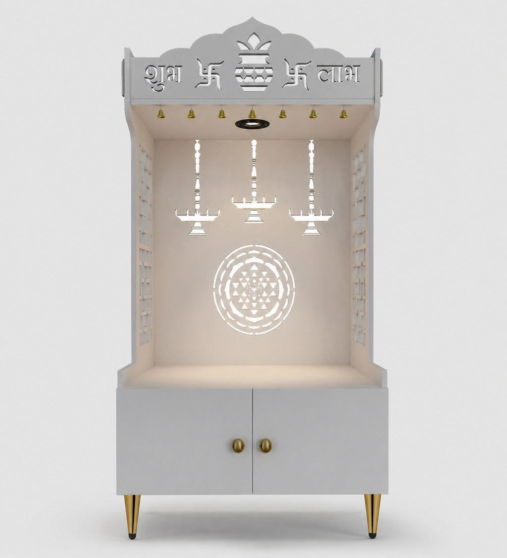 Elegant Wooden Floor Pooja Mandir with Laser-Cut Design with Storage Cabinet