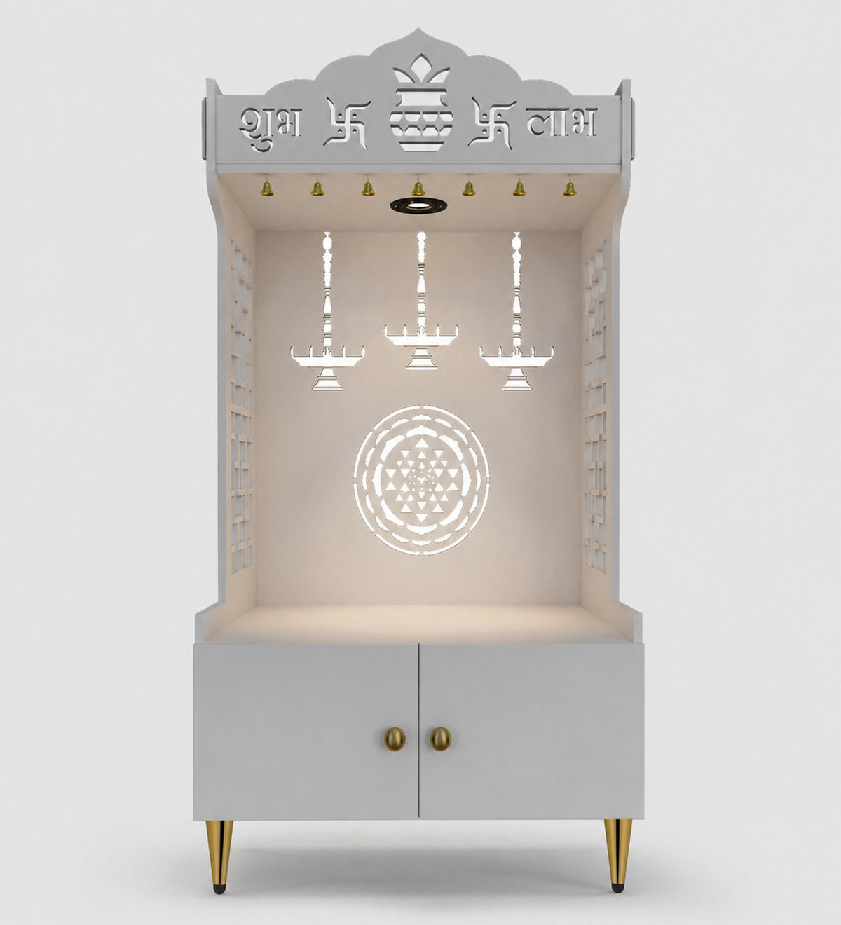 Elegant Wooden Floor Pooja Mandir with Laser-Cut Design with Storage Cabinet