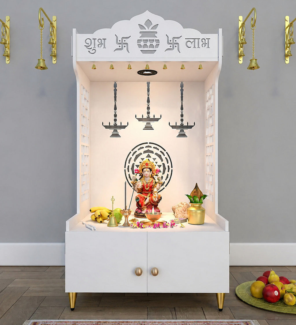 Elegant Wooden Floor Pooja Mandir with Laser-Cut Design with Storage Cabinet