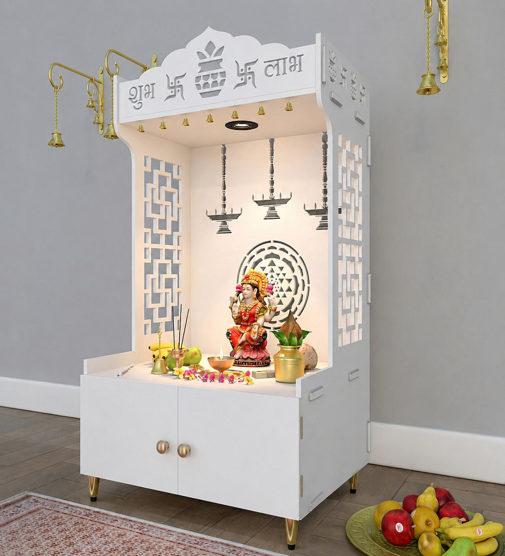 Elegant Wooden Floor Pooja Mandir with Laser-Cut Design with Storage Cabinet