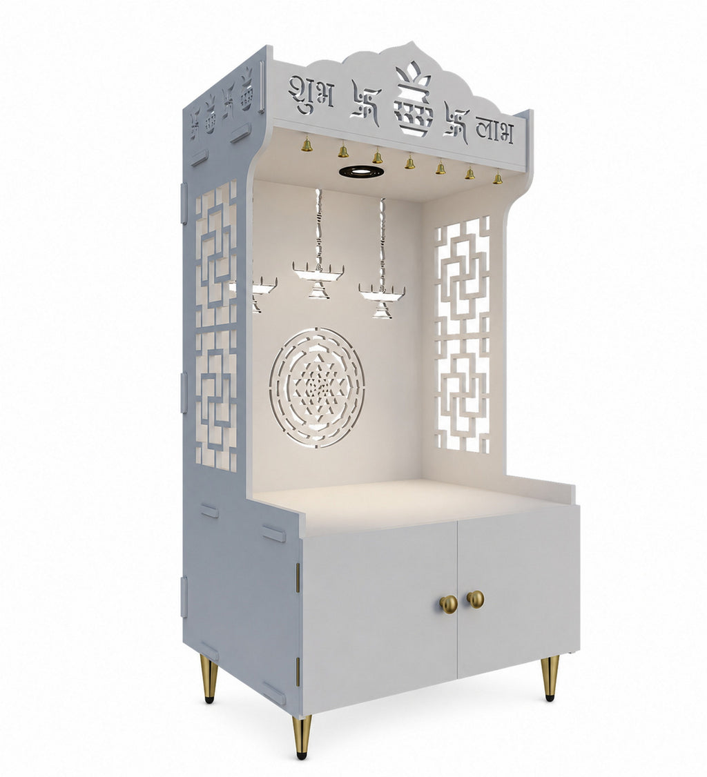 Elegant Wooden Floor Pooja Mandir with Laser-Cut Design with Storage Cabinet