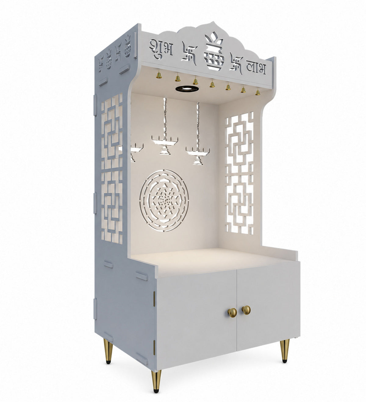 Elegant Wooden Floor Pooja Mandir with Laser-Cut Design with Storage Cabinet