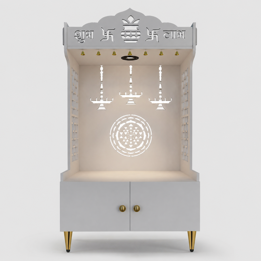 Elegant Wooden Floor Pooja Mandir with Laser-Cut Design with Storage Cabinet
