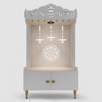 Elegant Wooden Floor Pooja Mandir with Laser-Cut Design with Storage Cabinet