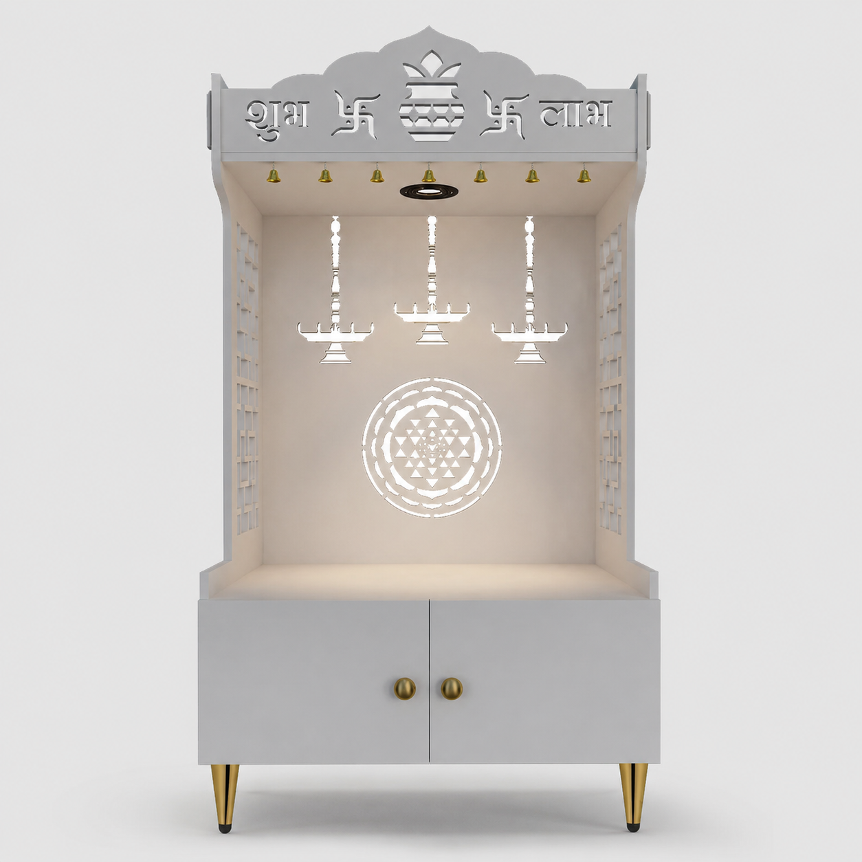Elegant Wooden Floor Pooja Mandir with Laser-Cut Design with Storage Cabinet