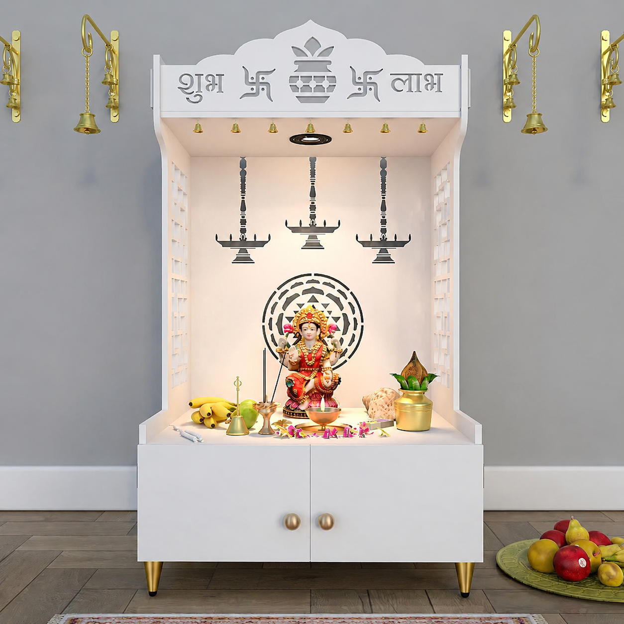 Elegant Wooden Floor Pooja Mandir with Laser-Cut Design with Storage Cabinet