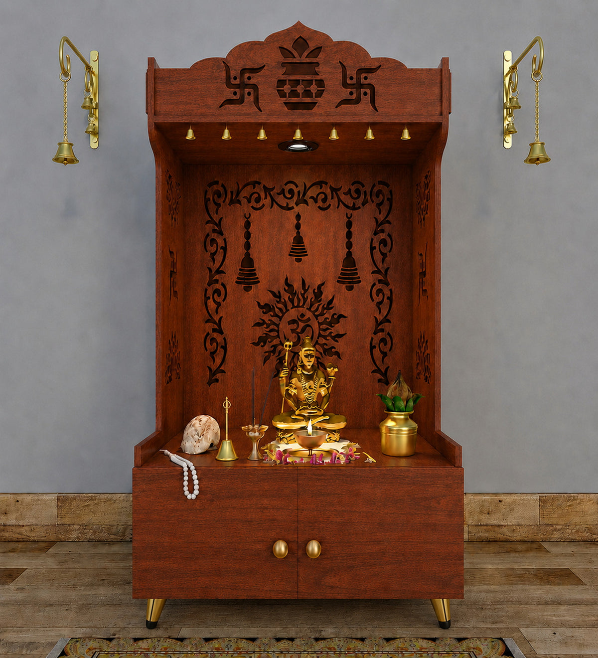 Premium White Wooden Floor Pooja Mandir with Laser-Cut Om Design & Storage Cabinet