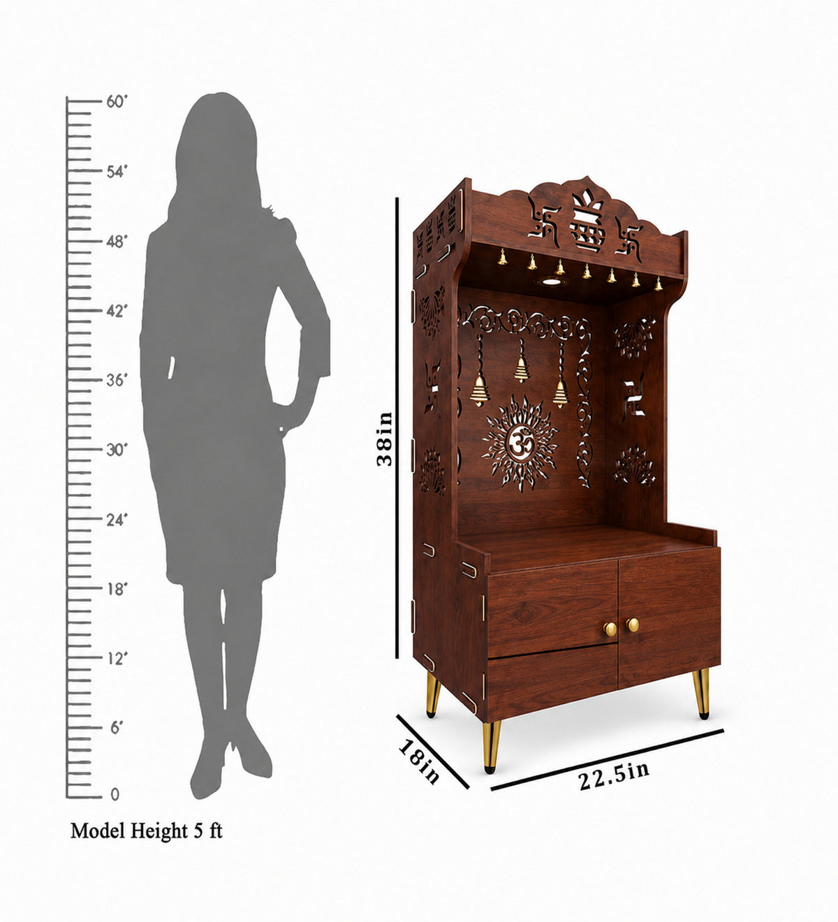 Premium White Wooden Floor Pooja Mandir with Laser-Cut Om Design & Storage Cabinet