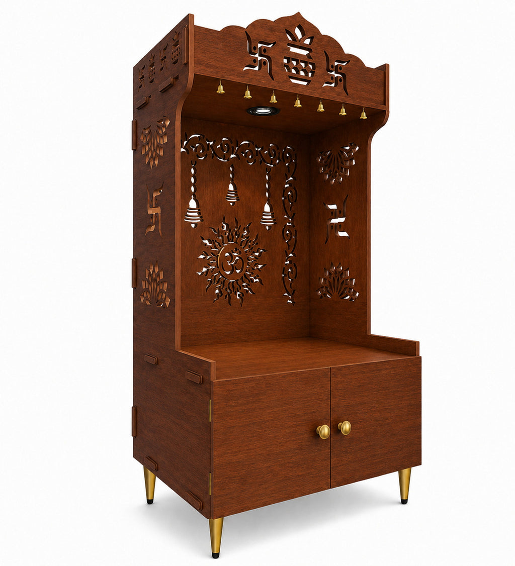 Premium White Wooden Floor Pooja Mandir with Laser-Cut Om Design & Storage Cabinet