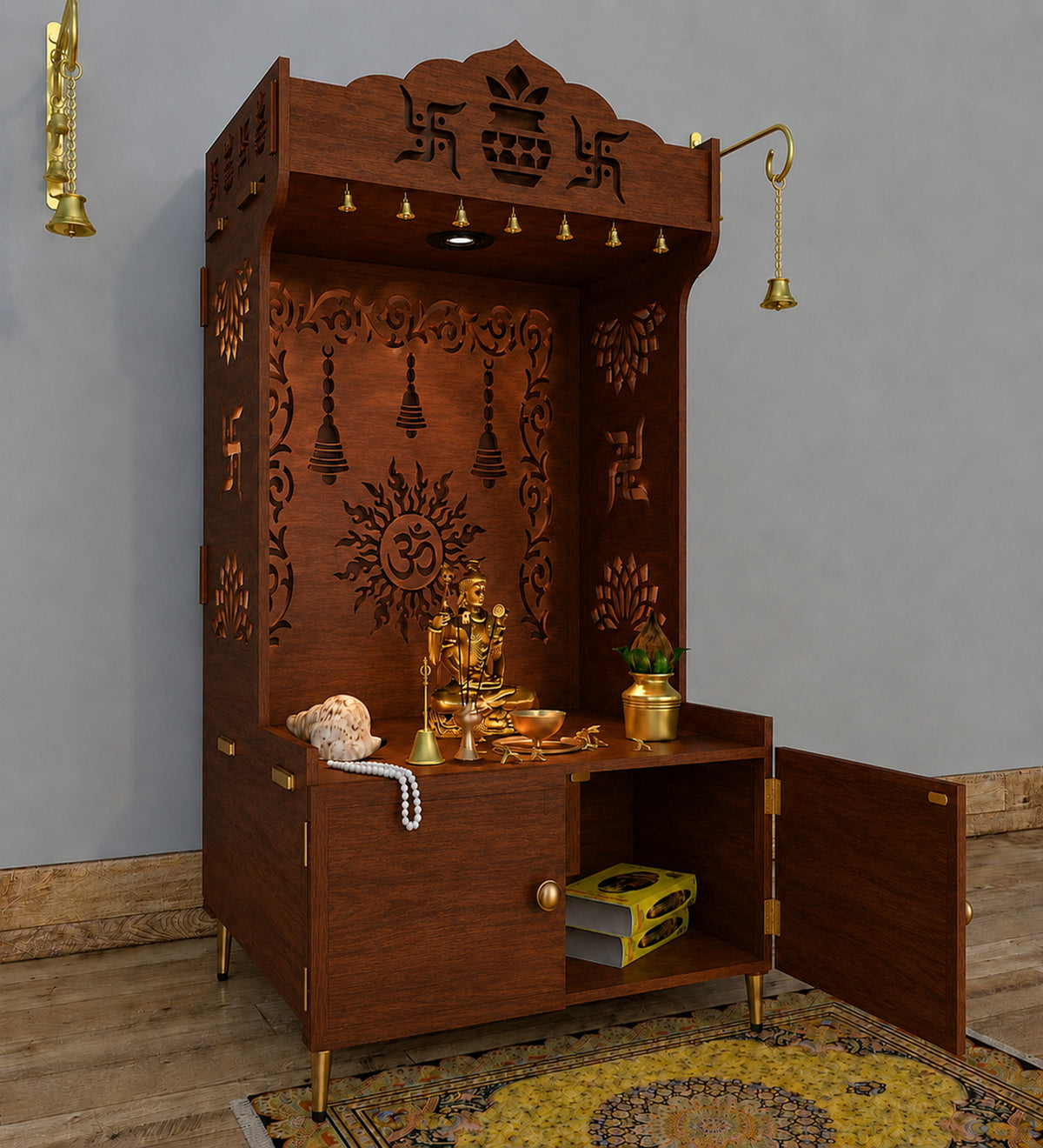 Premium White Wooden Floor Pooja Mandir with Laser-Cut Om Design & Storage Cabinet