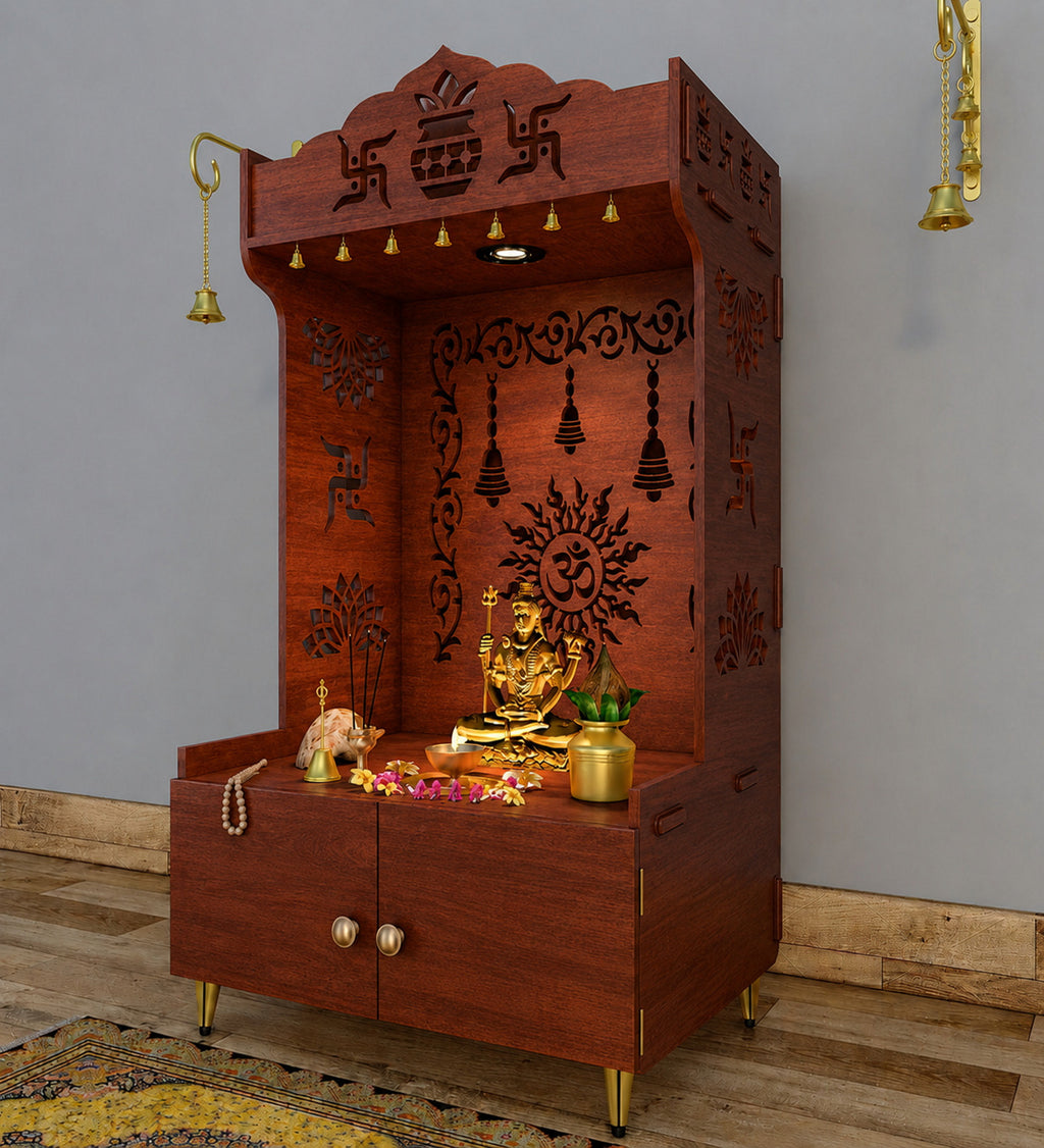 Premium White Wooden Floor Pooja Mandir with Laser-Cut Om Design & Storage Cabinet