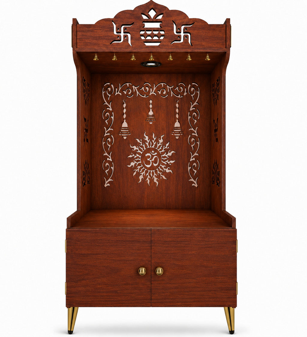 Premium White Wooden Floor Pooja Mandir with Laser-Cut Om Design & Storage Cabinet
