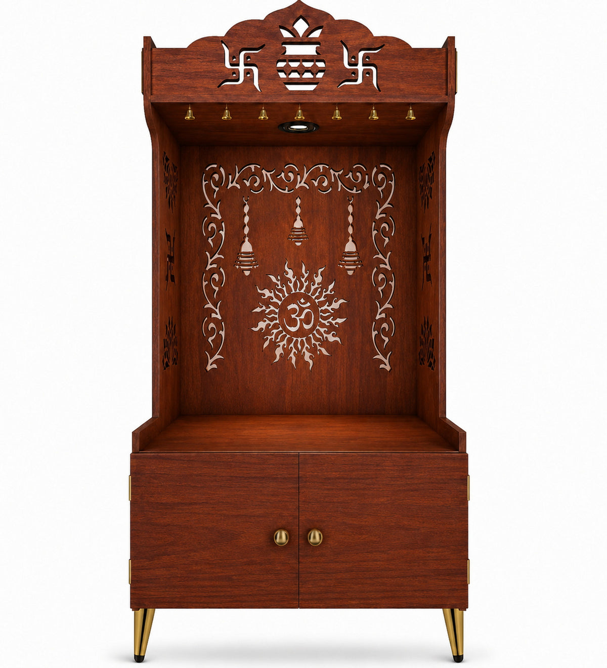 Premium White Wooden Floor Pooja Mandir with Laser-Cut Om Design & Storage Cabinet