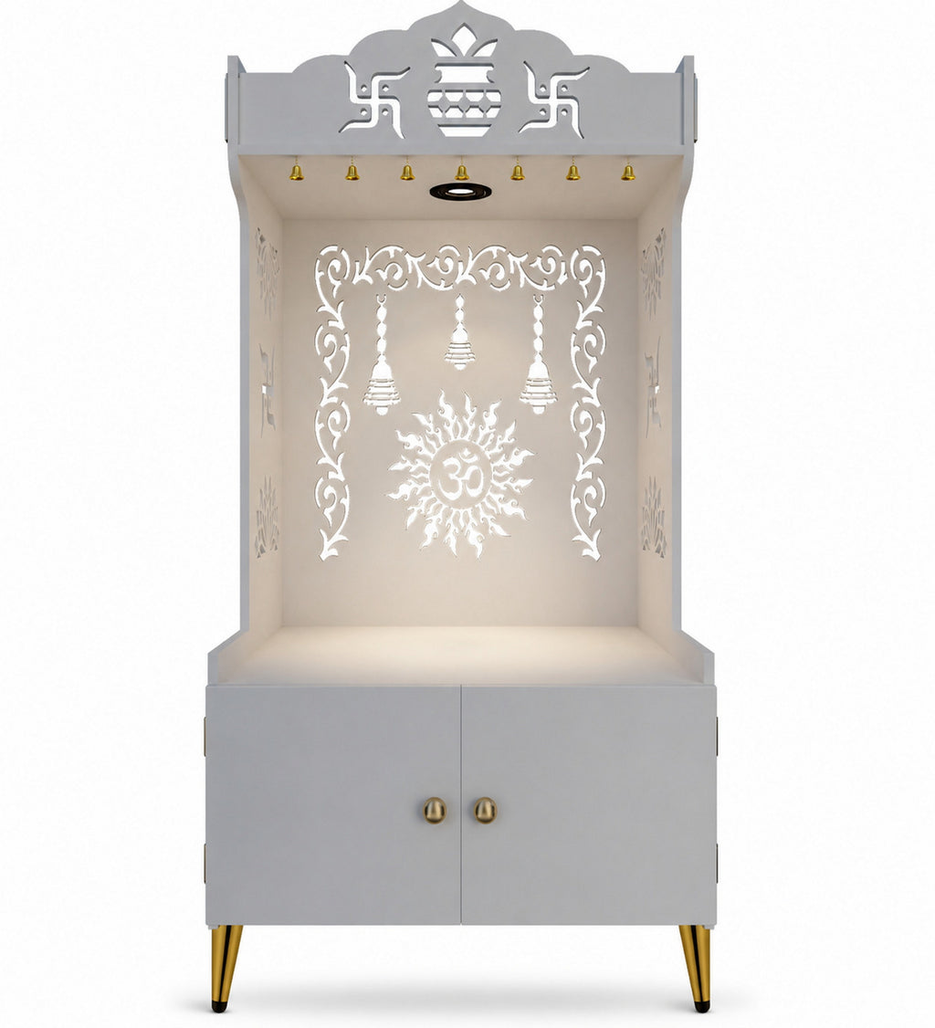 Premium White Wooden Floor Pooja Mandir with Laser-Cut Om Design & Storage Cabinet