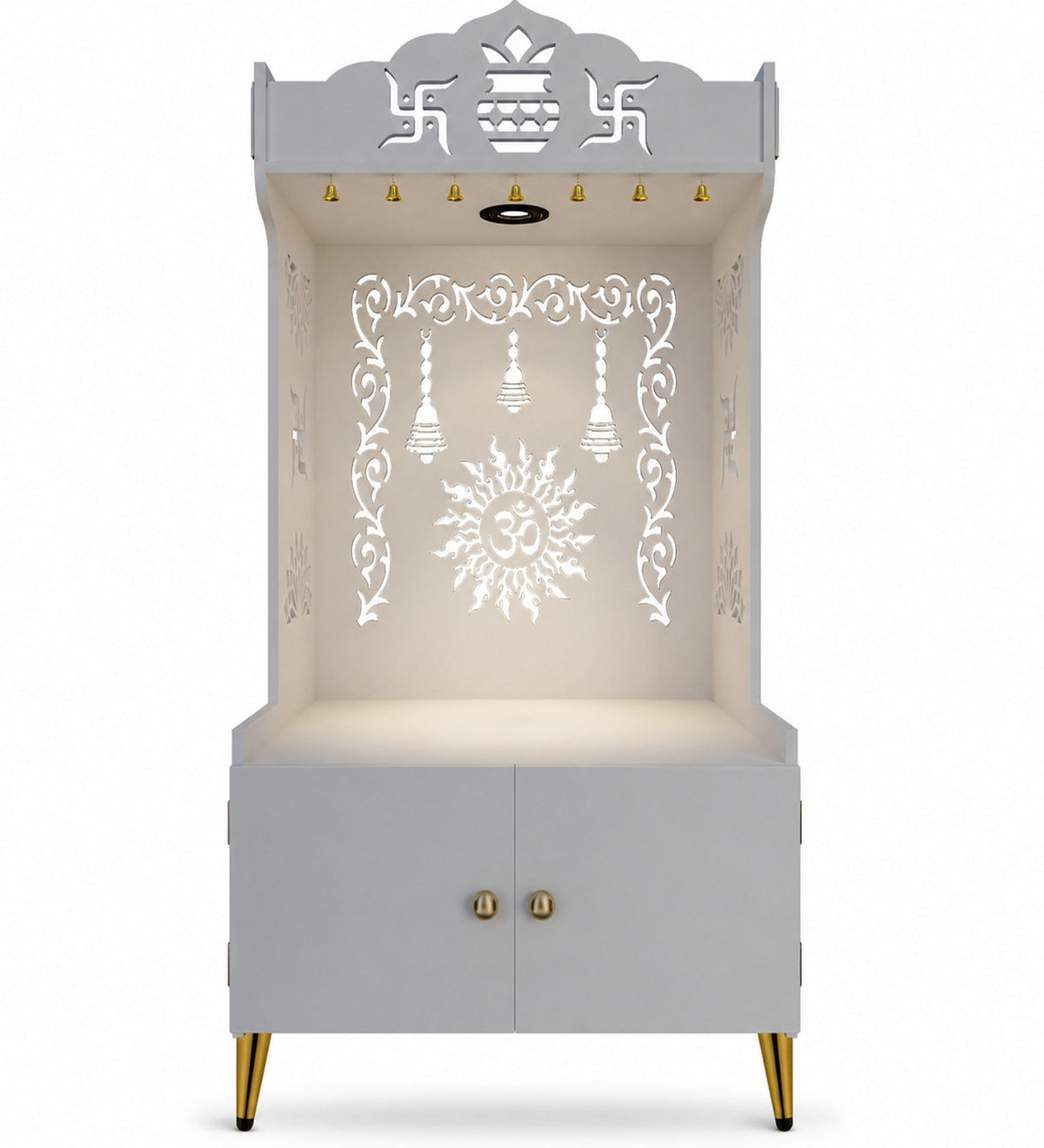 Premium White Wooden Floor Pooja Mandir with Laser-Cut Om Design & Storage Cabinet