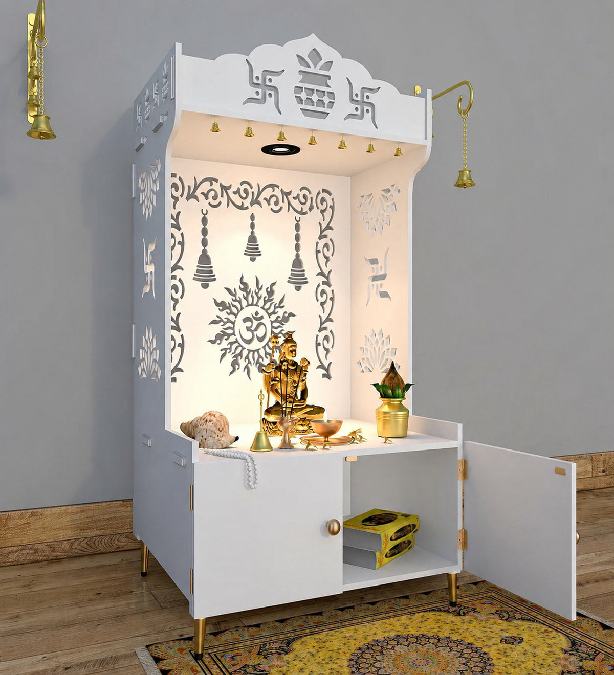 Premium White Wooden Floor Pooja Mandir with Laser-Cut Om Design & Storage Cabinet