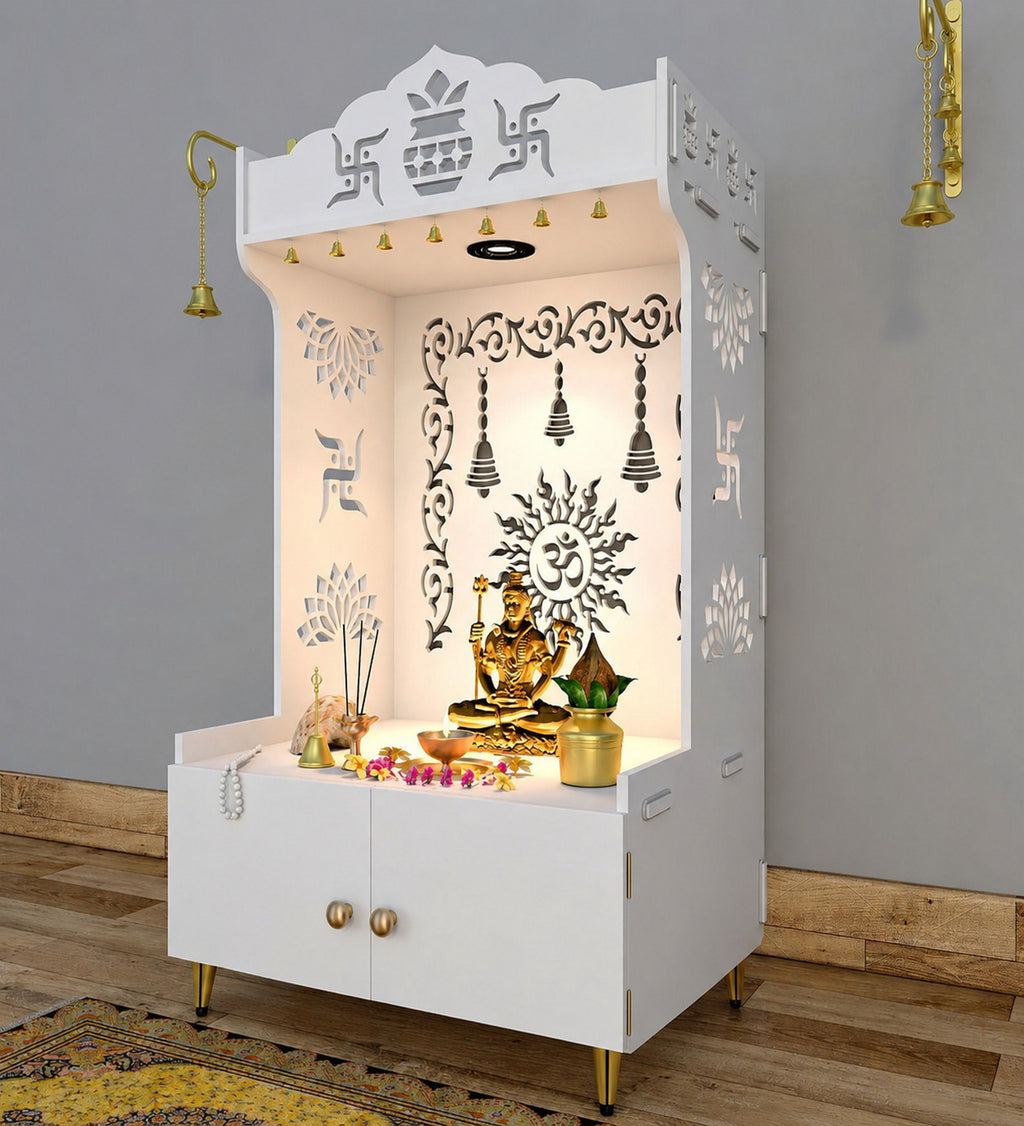 Premium White Wooden Floor Pooja Mandir with Laser-Cut Om Design & Storage Cabinet