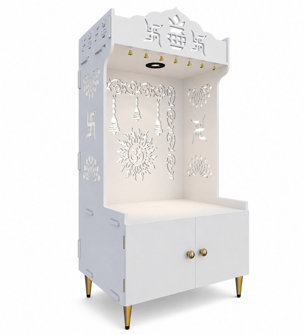 Premium White Wooden Floor Pooja Mandir with Laser-Cut Om Design & Storage Cabinet