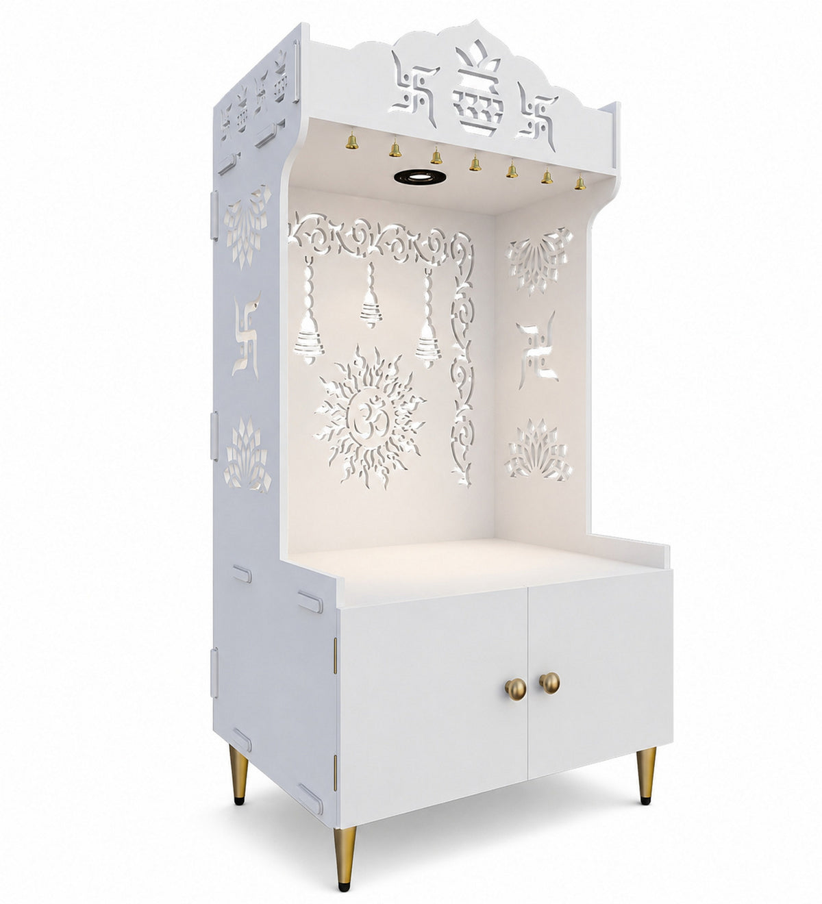 Premium White Wooden Floor Pooja Mandir with Laser-Cut Om Design & Storage Cabinet