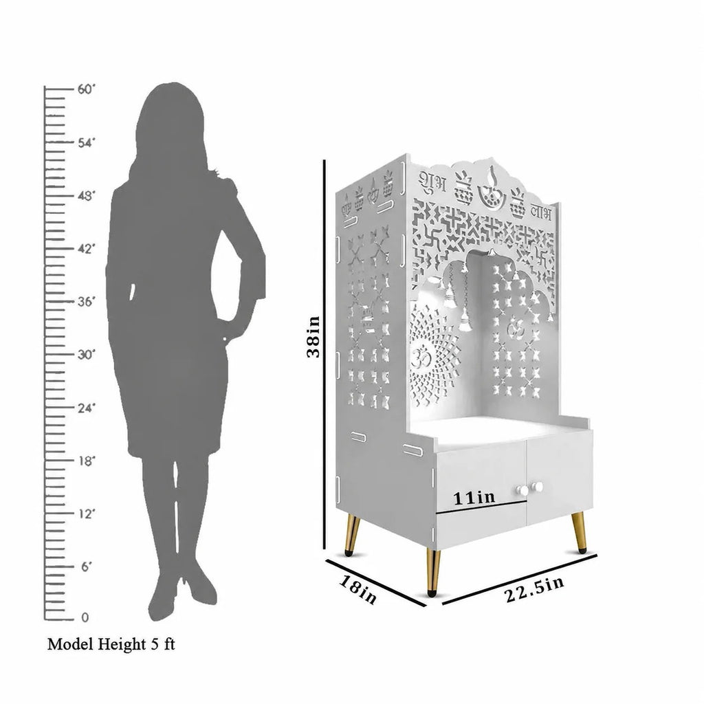 Modern White Wooden Floor Pooja Mandir with Doors Laser-Cut Om & Diya Design with Storage Cabinet