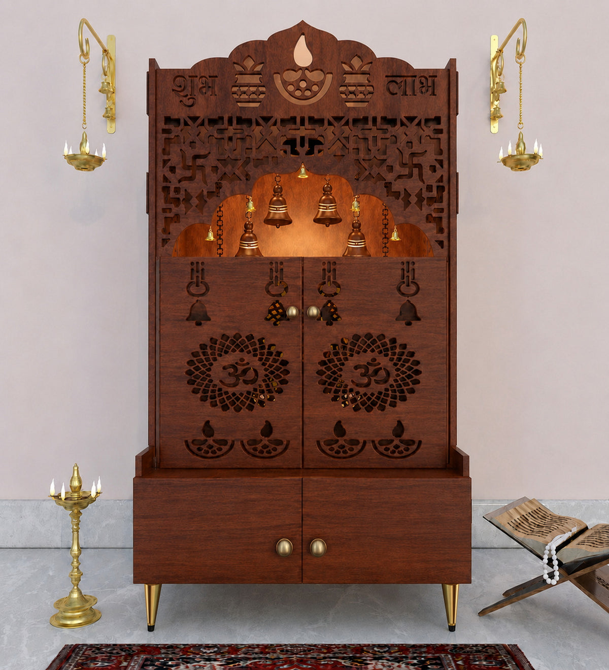 Modern White Wooden Floor Pooja Mandir with Doors Laser-Cut Om & Diya Design with Storage Cabinet