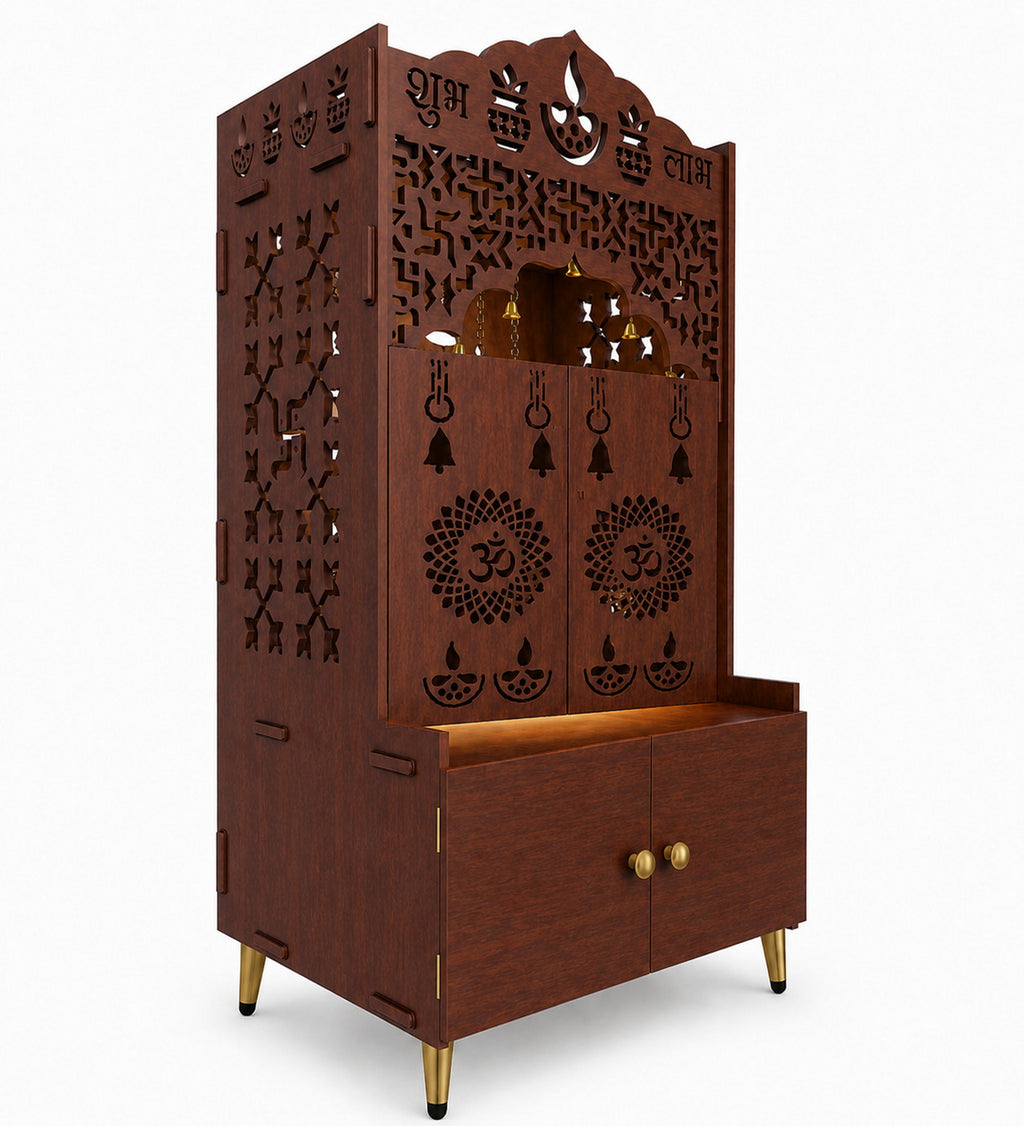 Modern White Wooden Floor Pooja Mandir with Doors Laser-Cut Om & Diya Design with Storage Cabinet