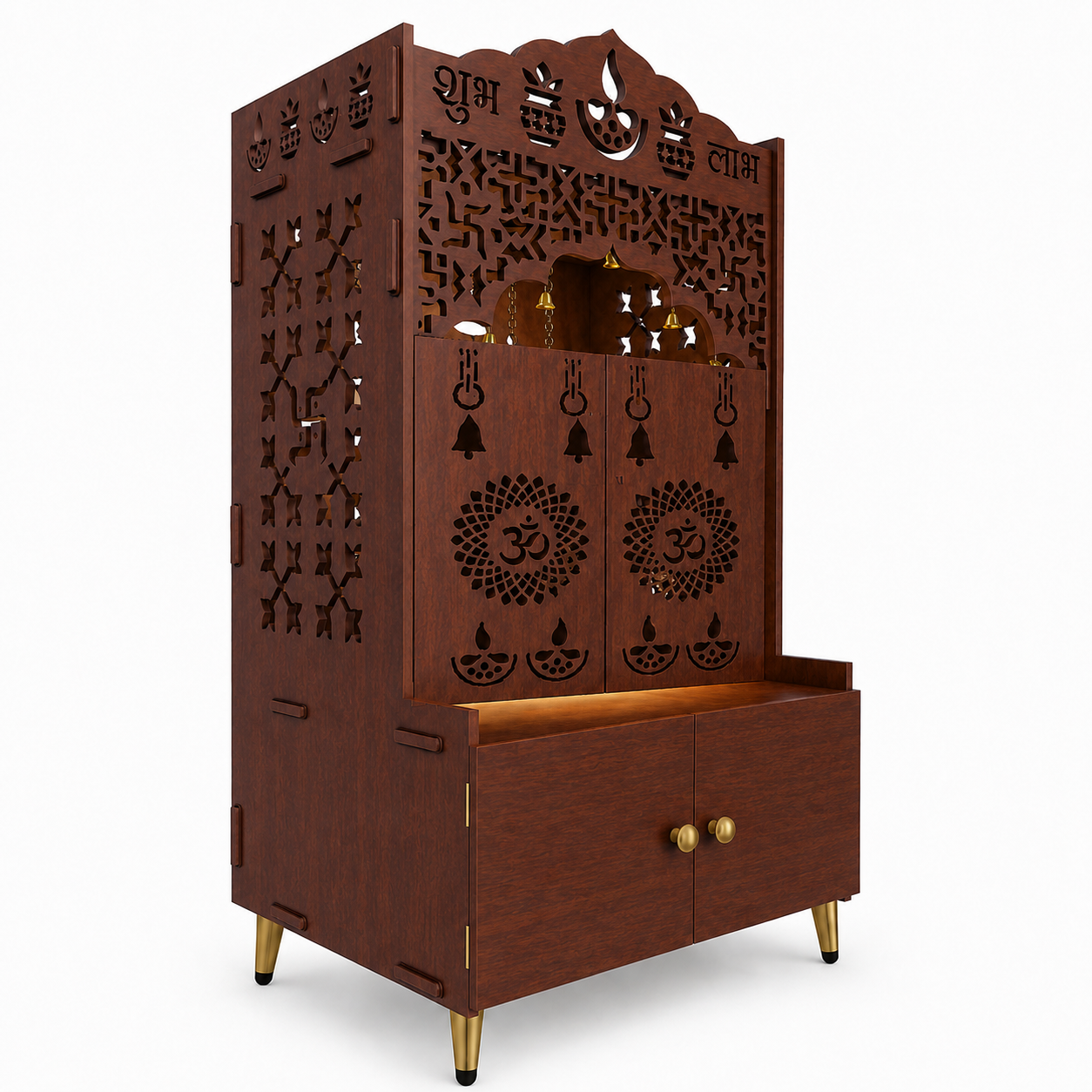 Modern White Wooden Floor Pooja Mandir with Doors Laser-Cut Om & Diya Design with Storage Cabinet